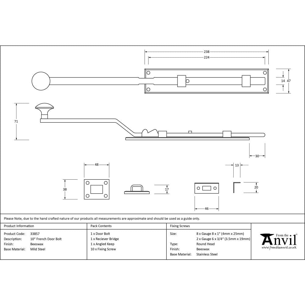 From The Anvil Accessories Beeswax / Straight Surface Bolts / 250mm / 10" From The Anvil - Beeswax 10" French Door Bolt