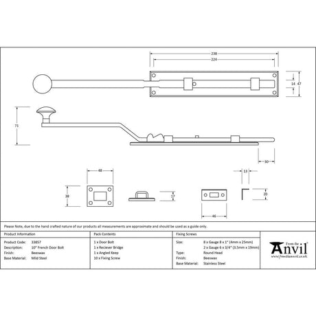 From The Anvil Accessories Beeswax / Straight Surface Bolts / 250mm / 10" From The Anvil - Beeswax 10" French Door Bolt