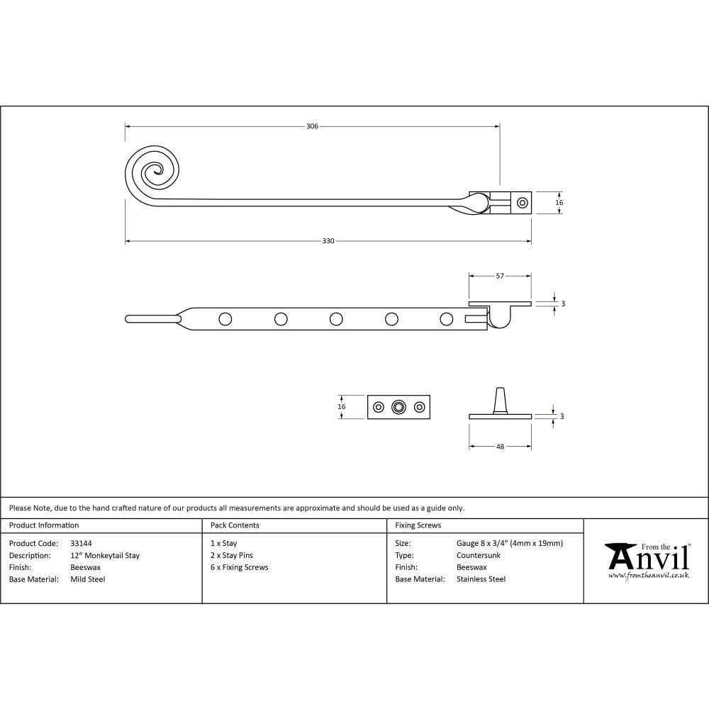 From The Anvil Window Furniture Beeswax / 12"/300mm From The Anvil - Beeswax 12" Monkeytail Stay