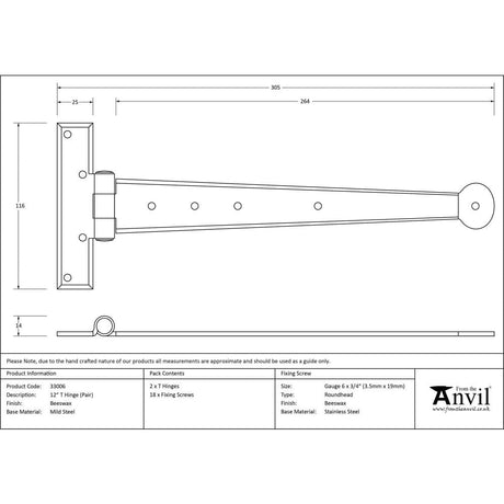 From The Anvil Hinges Beeswax / Tee Hinges / 12" (304mm) From The Anvil - Beeswax 12" Penny End T Hinge (pair)