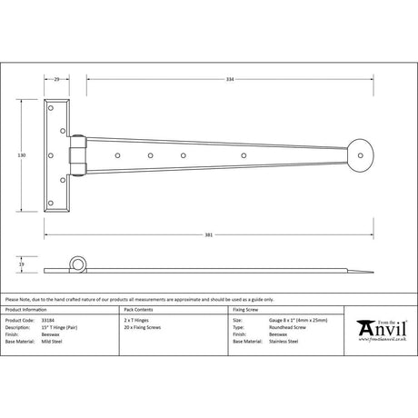 From The Anvil Hinges Beeswax / Tee Hinges / 15" (381mm) From The Anvil - Beeswax 15" Penny End T Hinge (pair)