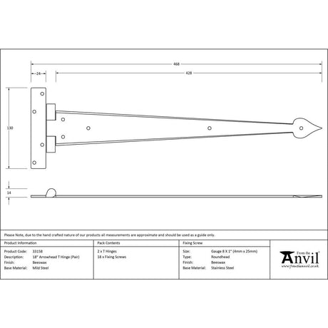 From The Anvil Hinges Beeswax / Tee Hinges / 18" (457mm) From The Anvil - Beeswax 18" Arrow Head T Hinge (pair)