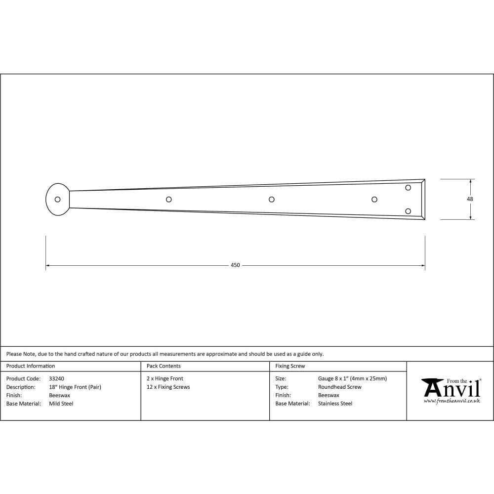 From The Anvil Hinges Beeswax / Hinge Fronts / 18" (457mm) From The Anvil - Beeswax 18" Penny End Hinge Front (pair)
