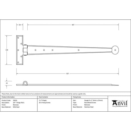 From The Anvil Hinges Beeswax / Tee Hinges / 18" (457mm) From The Anvil - Beeswax 18" Penny End T Hinge (pair)