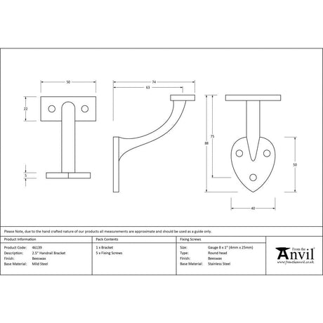 From The Anvil Accessories Beeswax / 2.5" / 63mm From The Anvil - Beeswax 2.5" Handrail Bracket