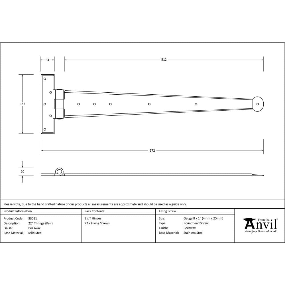 From The Anvil Hinges Beeswax / Tee Hinges / 22" (559mm) From The Anvil - Beeswax 22" Penny End T Hinge (pair)