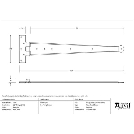 From The Anvil Hinges Beeswax / Tee Hinges / 22" (559mm) From The Anvil - Beeswax 22" Penny End T Hinge (pair)
