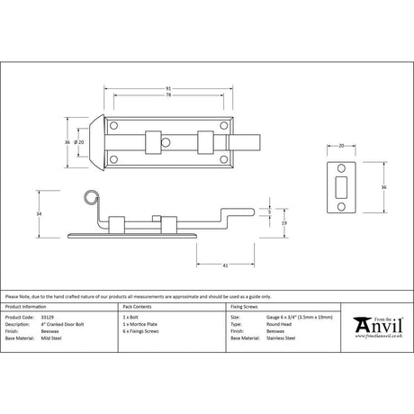 From The Anvil Accessories Beeswax / Cranked Surface Bolts / 100mm / 4" From The Anvil - Beeswax 4" Cranked Door Bolt