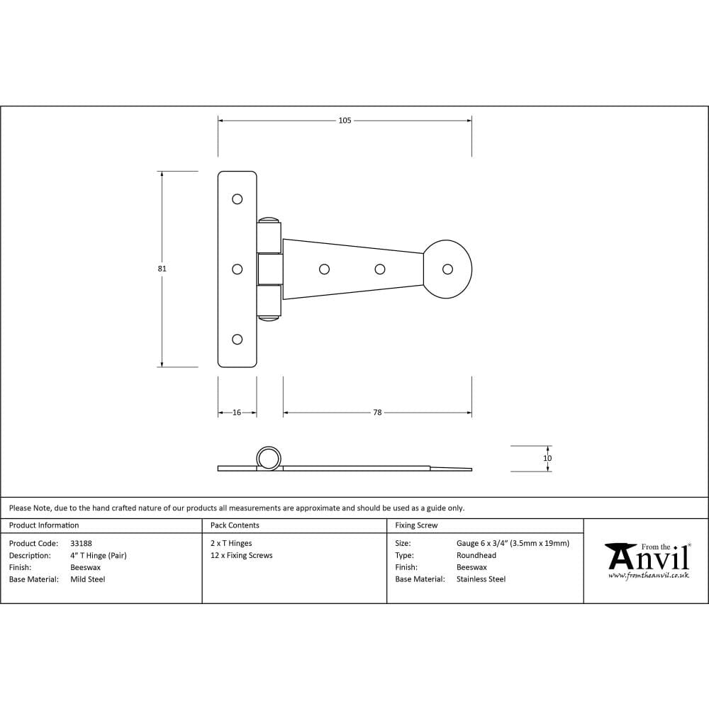From The Anvil Hinges Beeswax / Tee Hinges / 4" x (102mm) From The Anvil - Beeswax 4" Penny End T Hinge (pair)
