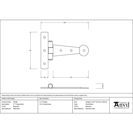 From The Anvil Hinges Beeswax / Tee Hinges / 4" x (102mm) From The Anvil - Beeswax 4" Penny End T Hinge (pair)
