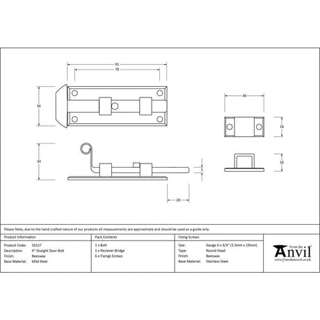 From The Anvil Accessories Beeswax / Straight Surface Bolts / 100mm / 4" From The Anvil - Beeswax 4" Straight Door Bolt