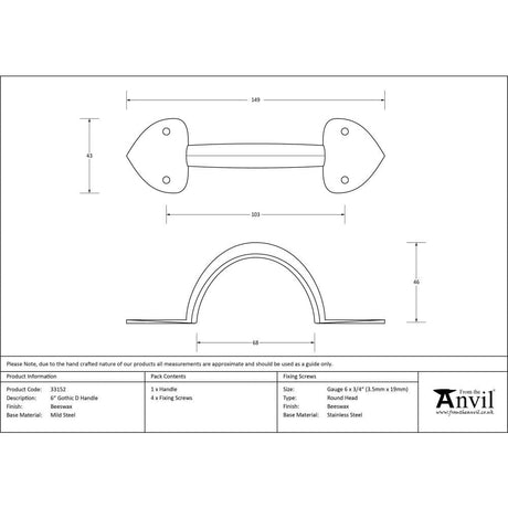 From The Anvil Door Furniture Beeswax From The Anvil - Beeswax 6" Gothic D Handle