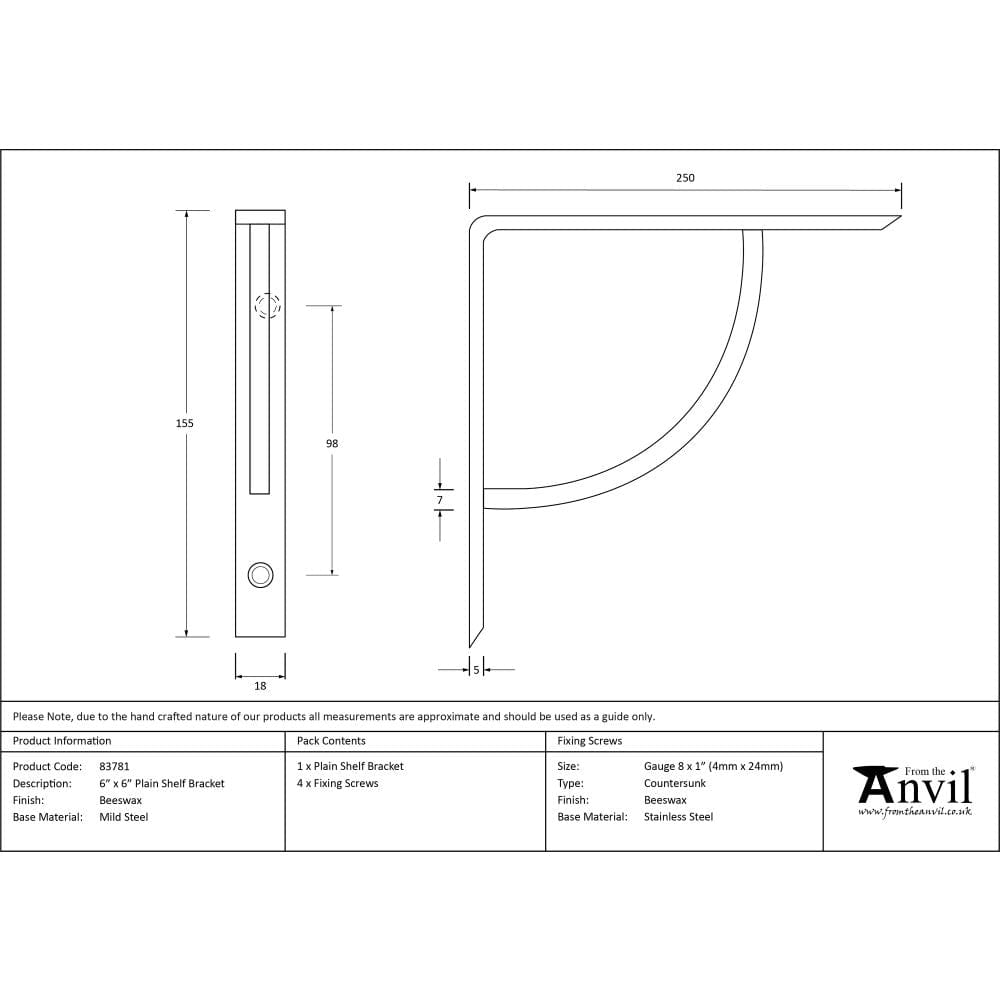 From The Anvil Accessories Beeswax / Shelf Brackets / 6 x 6" From The Anvil - Beeswax 6'' x 6'' Plain Shelf Bracket