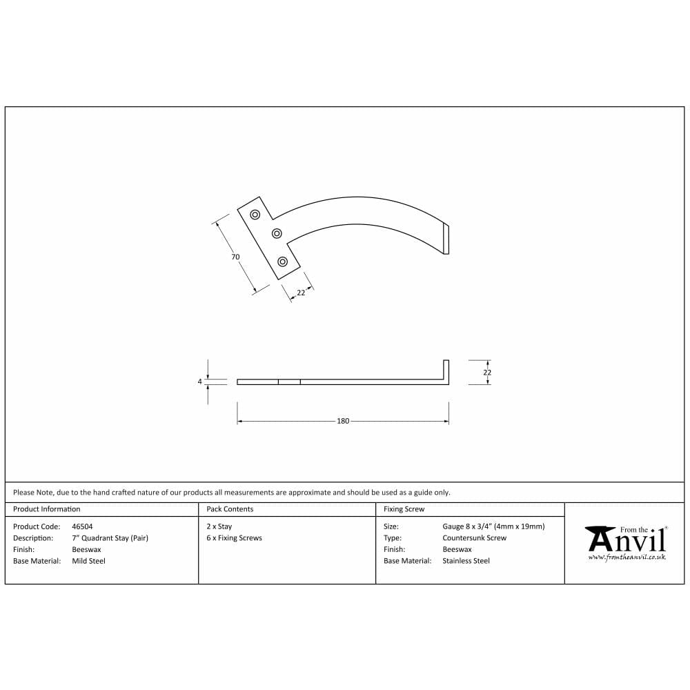 From The Anvil Window Furniture Beeswax / Quadrant Arm Stay From The Anvil - Beeswax 7" Quadrant Stay (Pair)