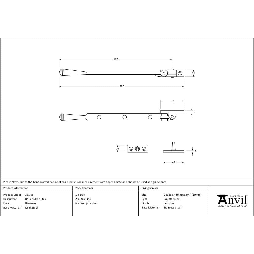 From The Anvil Window Furniture Beeswax / 8"/200mm From The Anvil - Beeswax 8" Peardrop Stay
