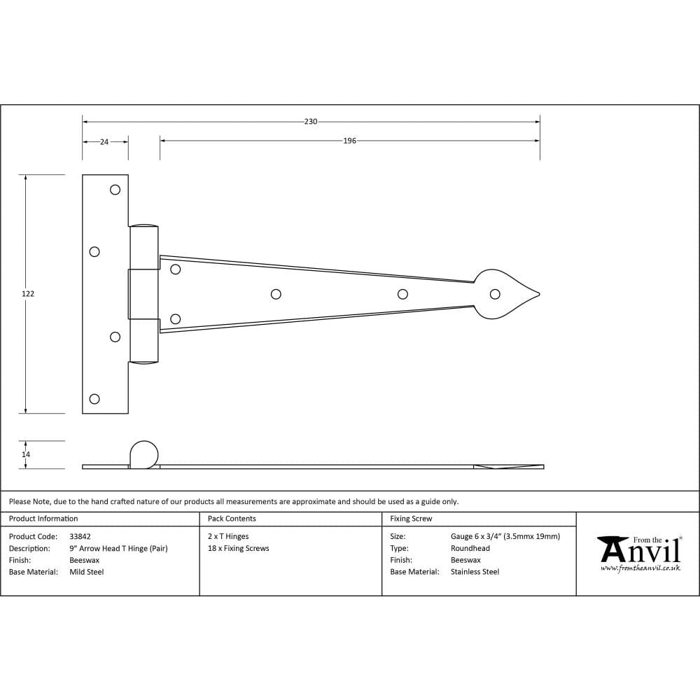 From The Anvil Hinges Beeswax / Tee Hinges / 9" (229mm) From The Anvil - Beeswax 9" Arrow Head T Hinge (pair)