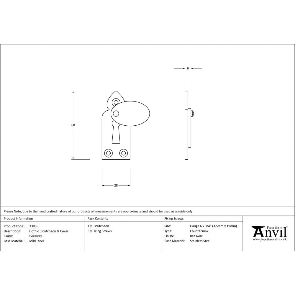 From The Anvil Door Furniture Beeswax / Mortice Key Profile Escutcheons From The Anvil - Beeswax Gothic Escutcheon & Cover