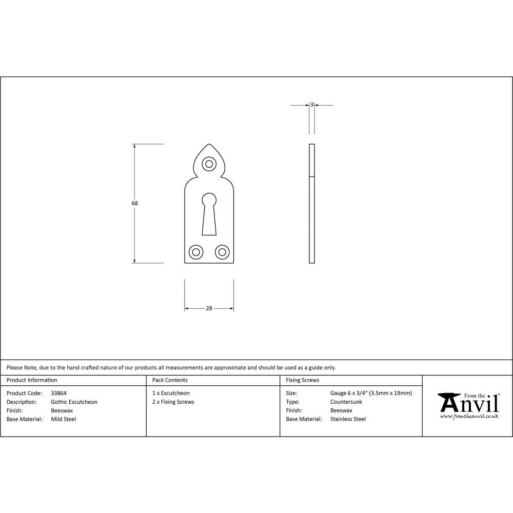 From The Anvil Door Furniture Beeswax / Mortice Key Profile Escutcheons From The Anvil - Beeswax Gothic Escutcheon
