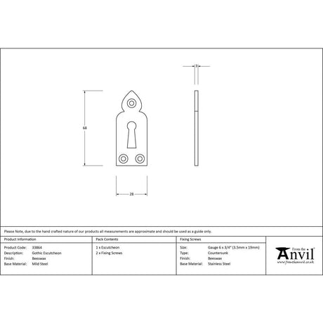 From The Anvil Door Furniture Beeswax / Mortice Key Profile Escutcheons From The Anvil - Beeswax Gothic Escutcheon