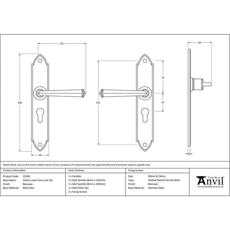 From The Anvil Door Furniture Beeswax / Euro Profile Lock Handles From The Anvil - Beeswax Gothic Lever Euro Lock Set