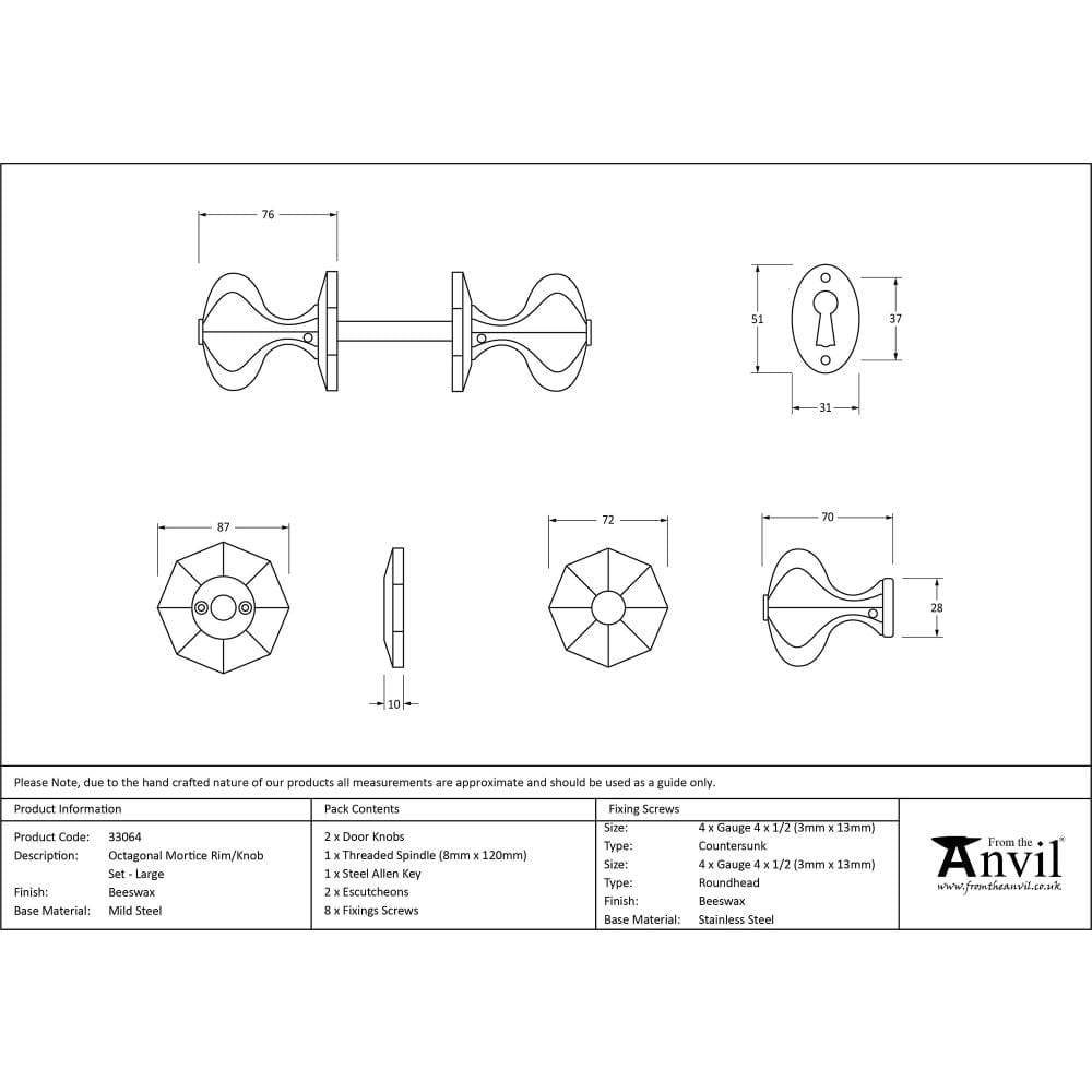 From The Anvil Door Furniture Beeswax / Mortice/Rim Knobs From The Anvil - Beeswax Large Octagonal Mortice/Rim Knob Set