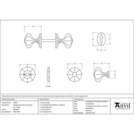 From The Anvil Door Furniture Beeswax / Mortice/Rim Knobs From The Anvil - Beeswax Large Octagonal Mortice/Rim Knob Set