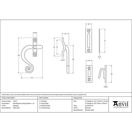 From The Anvil Window Furniture Beeswax / Yes / Mortice & Hook Place From The Anvil - Beeswax Locking Monkeytail Fastener - LH