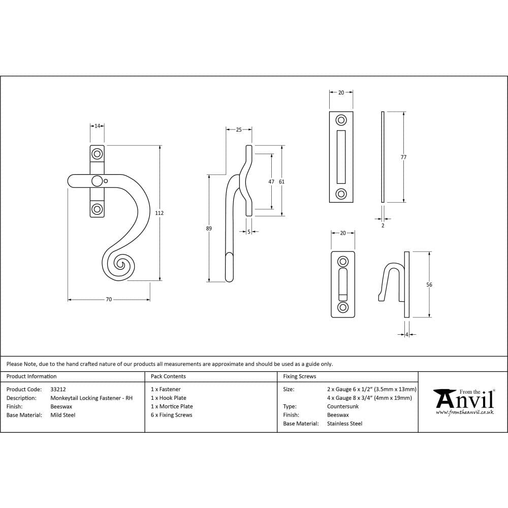 From The Anvil Window Furniture Beeswax / Yes / Mortice & Hook Place From The Anvil - Beeswax Locking Monkeytail Fastener - RH