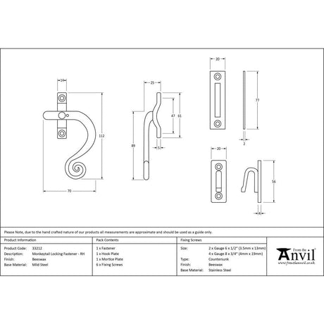 From The Anvil Window Furniture Beeswax / Yes / Mortice & Hook Place From The Anvil - Beeswax Locking Monkeytail Fastener - RH