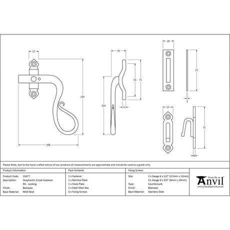 From The Anvil Window Furniture Beeswax / Yes / Mortice & Hook Place From The Anvil - Beeswax Locking Shepherd's Crook Fastener - RH