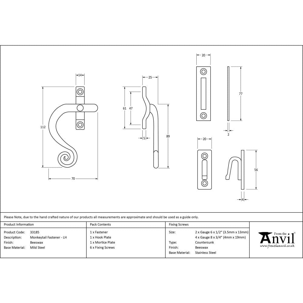From The Anvil Window Furniture Beeswax / No / Mortice & Hook Place From The Anvil - Beeswax Monkeytail Fastener - LH