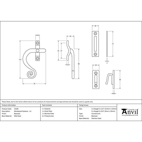 From The Anvil Window Furniture Beeswax / No / Mortice & Hook Place From The Anvil - Beeswax Monkeytail Fastener - LH