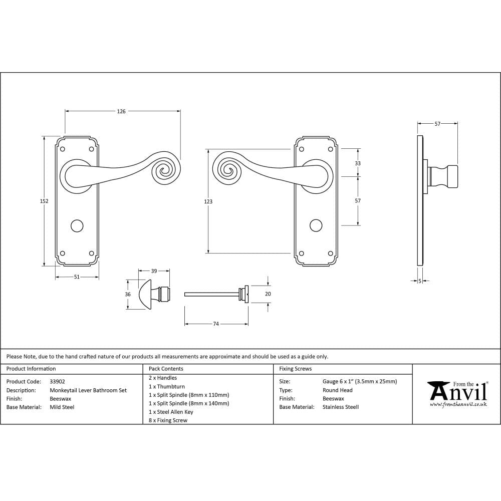 From The Anvil Door Furniture Beeswax / Bathroom Lock Handles From The Anvil - Beeswax Monkeytail Lever Bathroom Set