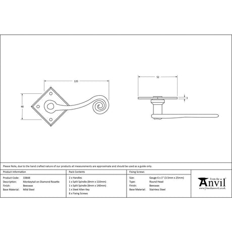 From The Anvil Door Furniture Beeswax / Round Rose From The Anvil - Beeswax Monkeytail Lever on Rose Set (Diamond)