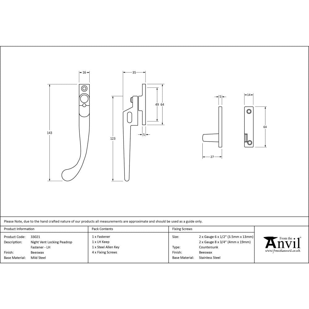 From The Anvil Window Furniture Beeswax / Yes / Night Vent From The Anvil - Beeswax Night-Vent Locking Peardrop Fastener - LH