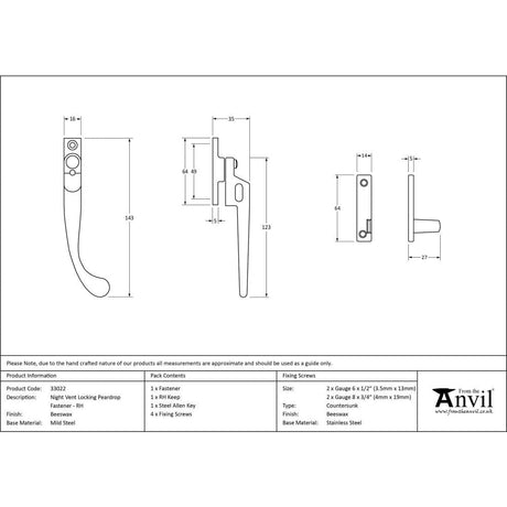 From The Anvil Window Furniture Beeswax / Yes / Night Vent From The Anvil - Beeswax Night-Vent Locking Peardrop Fastener - RH