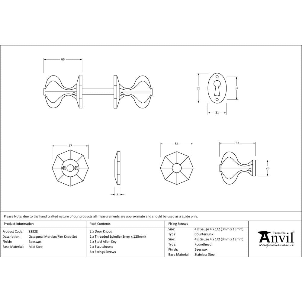 From The Anvil Door Furniture Beeswax / Mortice/Rim Knobs From The Anvil - Beeswax Octagonal Mortice/Rim Knob Set