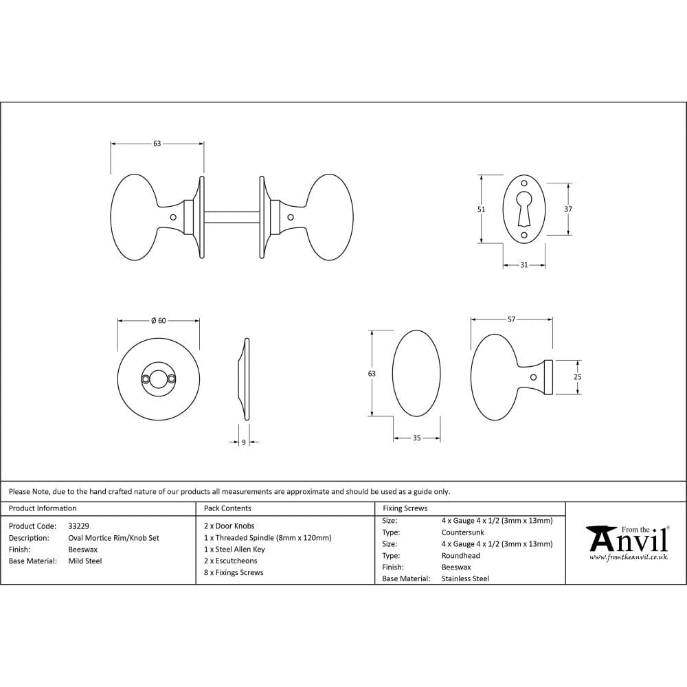 From The Anvil Door Furniture Beeswax / Mortice/Rim Knobs From The Anvil - Beeswax Oval Mortice/Rim Knob Set
