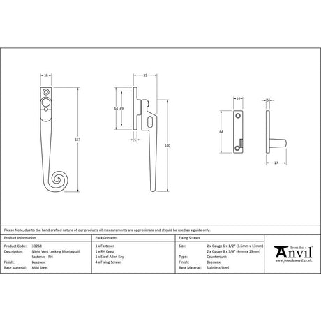 From The Anvil Window Furniture Beeswax / Yes / Night Vent From The Anvil - Beeswax RH Locking Night-vent Monkeytail Fastener