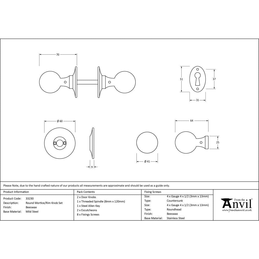 From The Anvil Door Furniture Beeswax / Mortice/Rim Knobs From The Anvil - Beeswax Round Mortice/Rim Knob Set