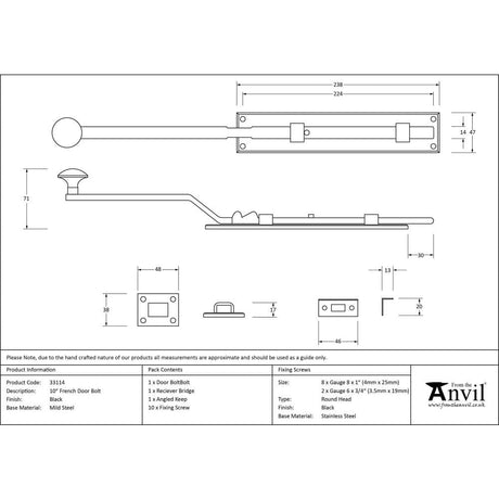 From The Anvil Accessories Black / Straight Surface Bolts / 250mm / 10" From The Anvil - Black 10" French Door Bolt