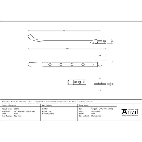 From The Anvil Window Furniture Black / 10"/250mm From The Anvil - Black 10" Handmade Peardrop Stay