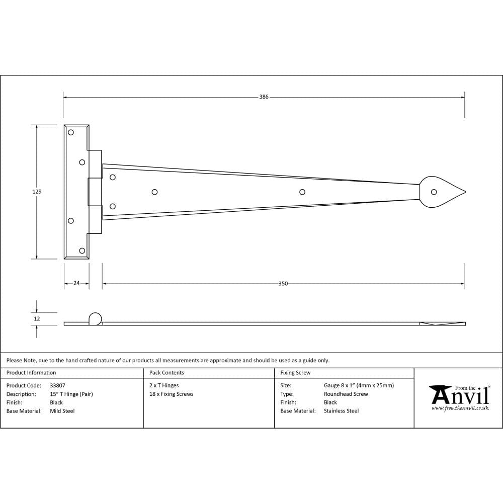 From The Anvil Hinges Black / Tee Hinges / 15" (381mm) From The Anvil - Black 15" Arrow Head T Hinge (pair)