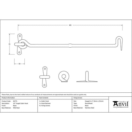 From The Anvil Accessories Black / Cabin Hooks / 16" / 406mm From The Anvil - Black 16" Forged Cabin Hook