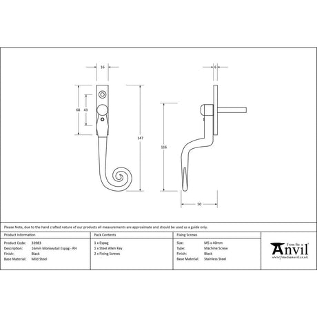 From The Anvil Window Furniture Black / Right Hand / Yes From The Anvil - Black 16mm Monkeytail Espag - RH