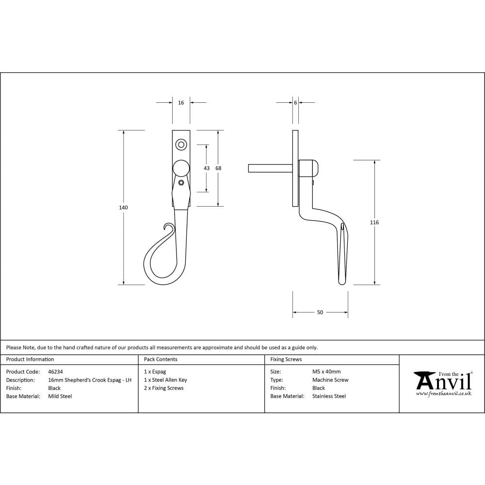 From The Anvil Window Furniture Black / Left Hand / Yes From The Anvil - Black 16mm Shepherd's Crook Espag - LH