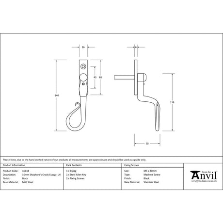 From The Anvil Window Furniture Black / Left Hand / Yes From The Anvil - Black 16mm Shepherd's Crook Espag - LH