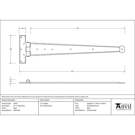 From The Anvil Hinges Black / Tee Hinges / 22" (559mm) From The Anvil - Black 22" Penny End T Hinge (pair)