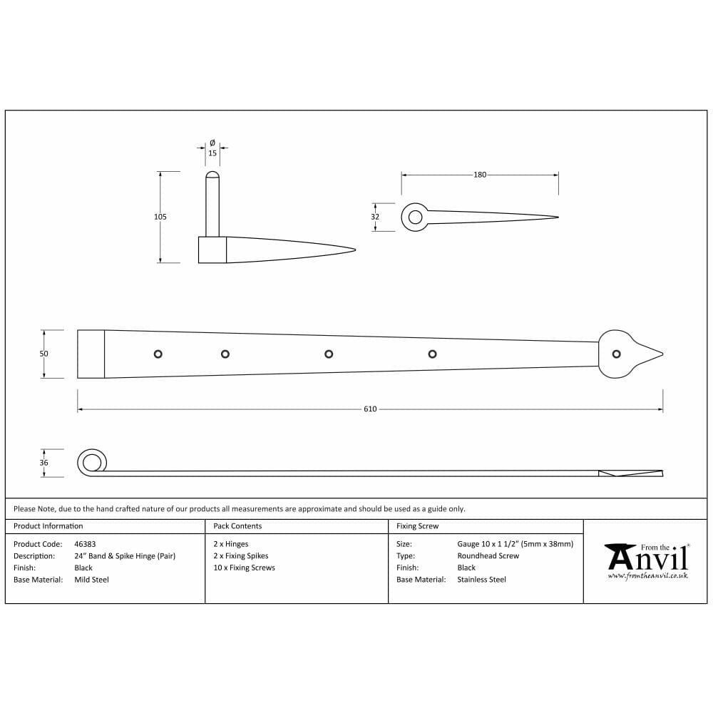 From The Anvil Hinges Black / Hook & Band Hinges / 4" x (102mm) From The Anvil - Black 24" Band & Spike Hinge (Pair)