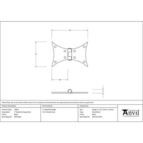 From The Anvil Hinges Black / Butterfly Hinges / 3" (76mm) From The Anvil - Black 3" Butterfly Hinge (pair)